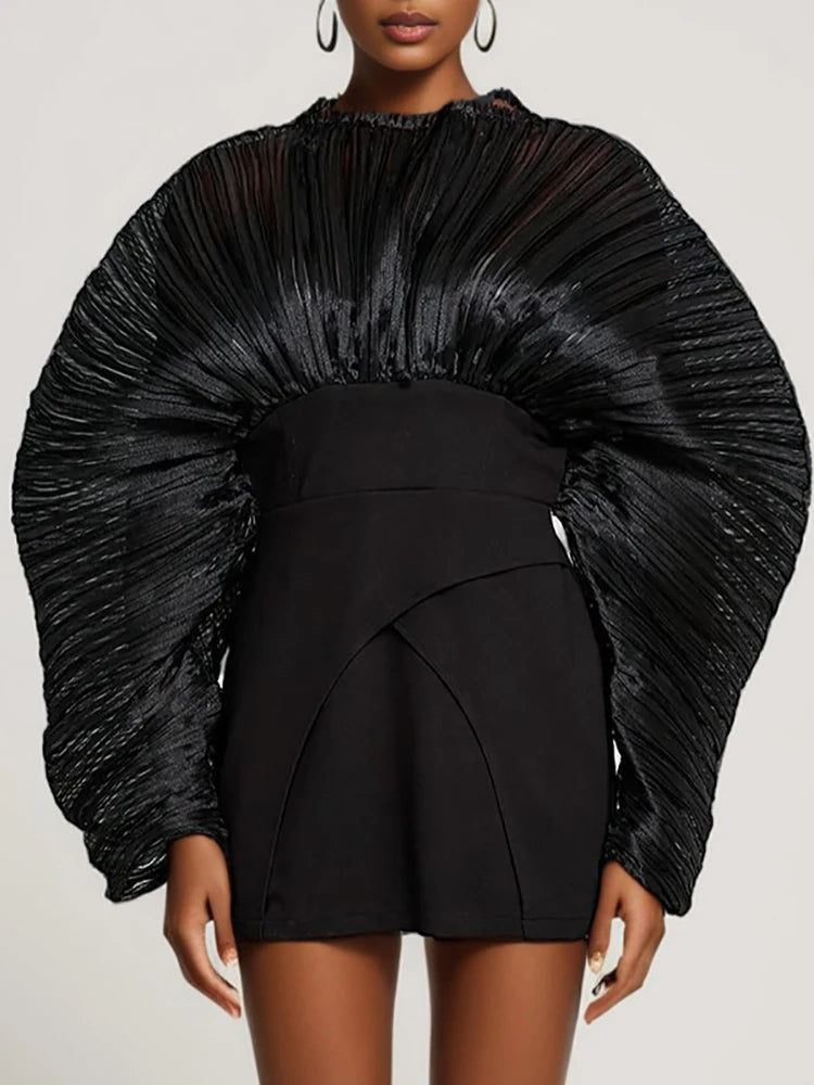 Pleated sleeve mini dress on model