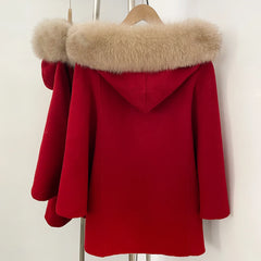 Close-up of fur collar on a tan wool blend coat