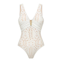 White V-neck ruched cutout one-piece swimsuit close-up