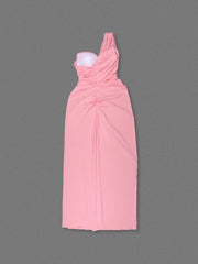 Pink one-shoulder dress on a gray background