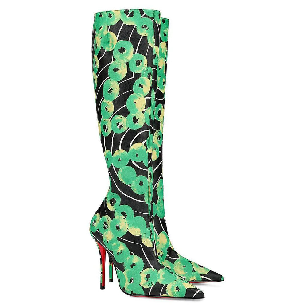 Green and black patterned knee-high boots