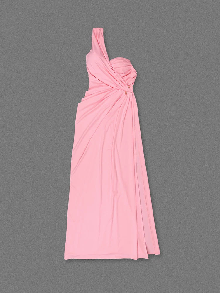 Pink one-shoulder dress on a gray background