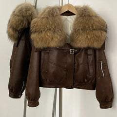 Brown leather jacket with fur collar on a hanger against a white background