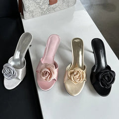 Flower Embellished Kitten Heel Mules