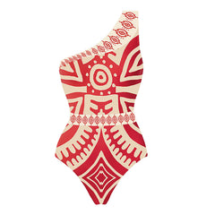 Close-up of geometric print on swimwear