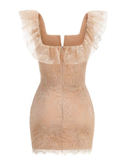 Peach Lace Ruffle Square Neck Mini Dress