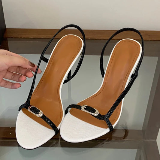 White and black thin strap buckle stiletto heels