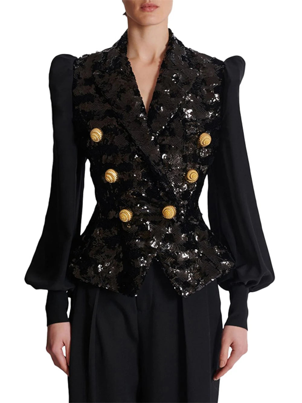 Black tailored blazer with sequins and gold buttons