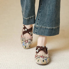 Embroidered Floral & Leopard Print Mary Jane Flats