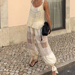 Lace patchwork wide leg pants detail