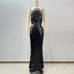 Diamond Embellished Sequin Evening Dress
