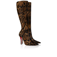 Suede Printed Pointed Knee High Heeled Boots