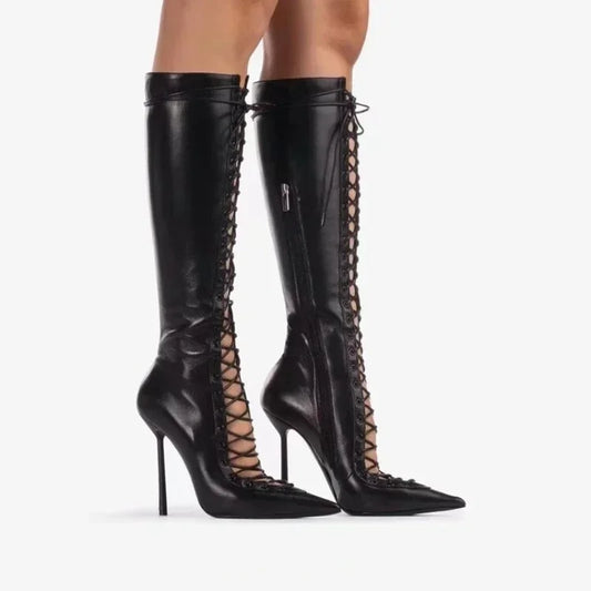 Black lace up knee high heel boots with pointed toe