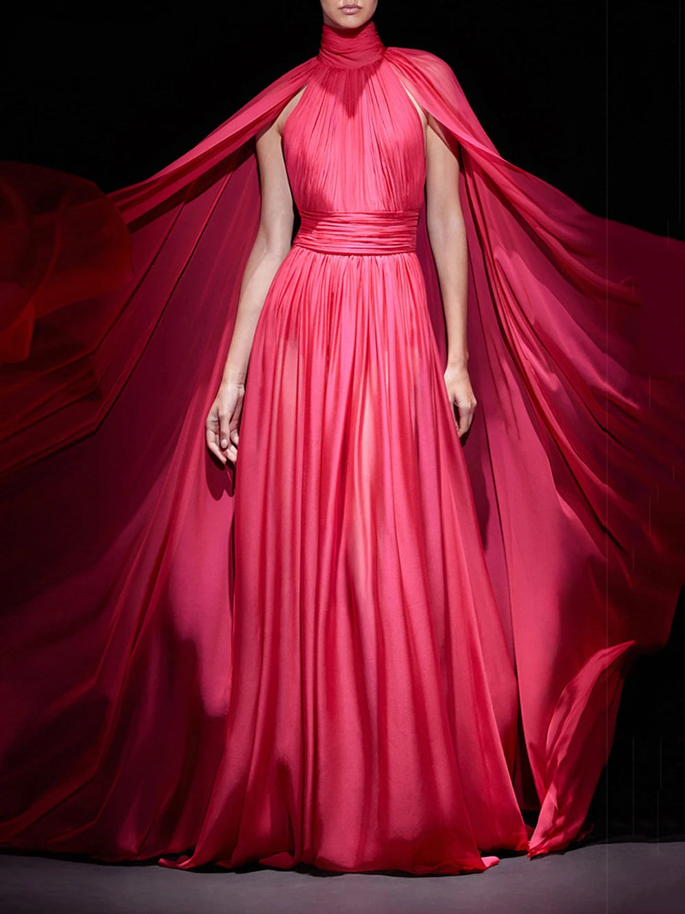 Red evening gown with cape by Modphy on a dark background