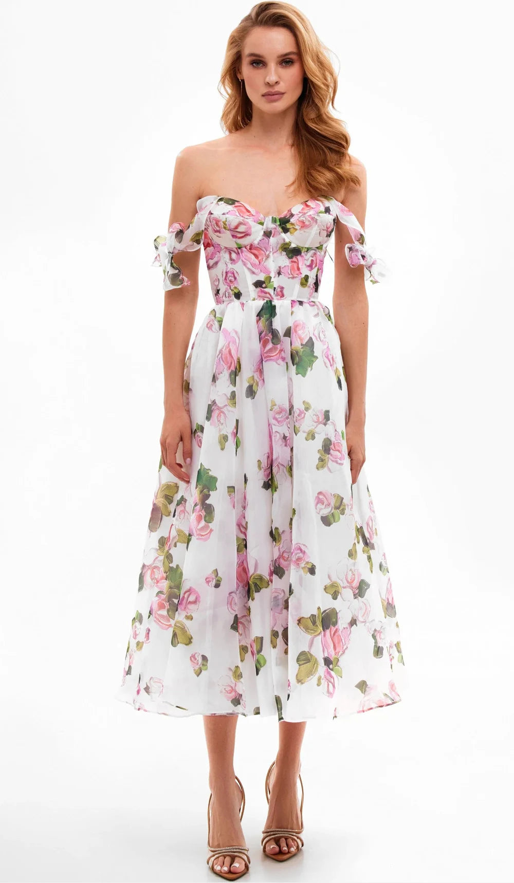 Floral print off-shoulder midi dress with ruffled straps and lace-up back.