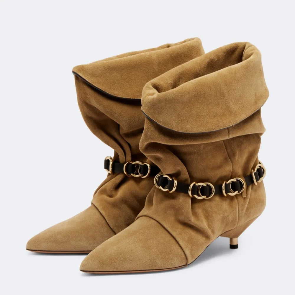 Front view of fold-over suede kitten heel boots with metal chain detail