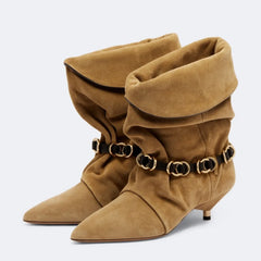 Front view of fold-over suede kitten heel boots with metal chain detail