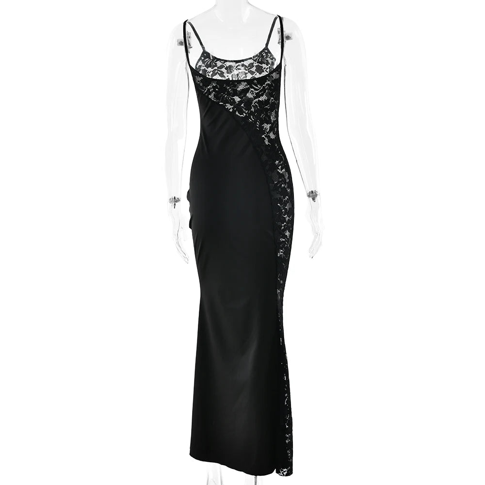 Black slip dress with lace detailing on a mannequin against a white background