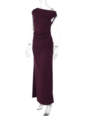 Purple one-shoulder evening gown on a mannequin against a white background