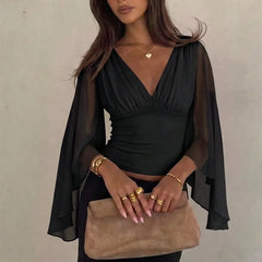 Ruched V-Neck Slit Cape Sleeve Top