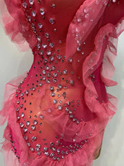 Pink Sheer Strapless Ruffled Diamonds Slit Long Dress