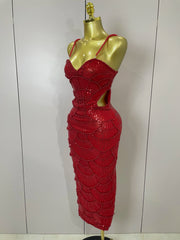 Pearl Beaded Sequins Spaghetti Strap Bodycon Long Dress