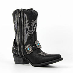 Black western ankle boots with pointed toe and metal buckle accent