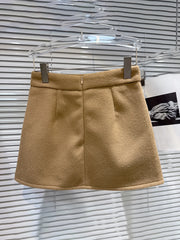 Black Short Coat With Brown Fur Trim And Short Scarf, And Brown Mini Skirt Set