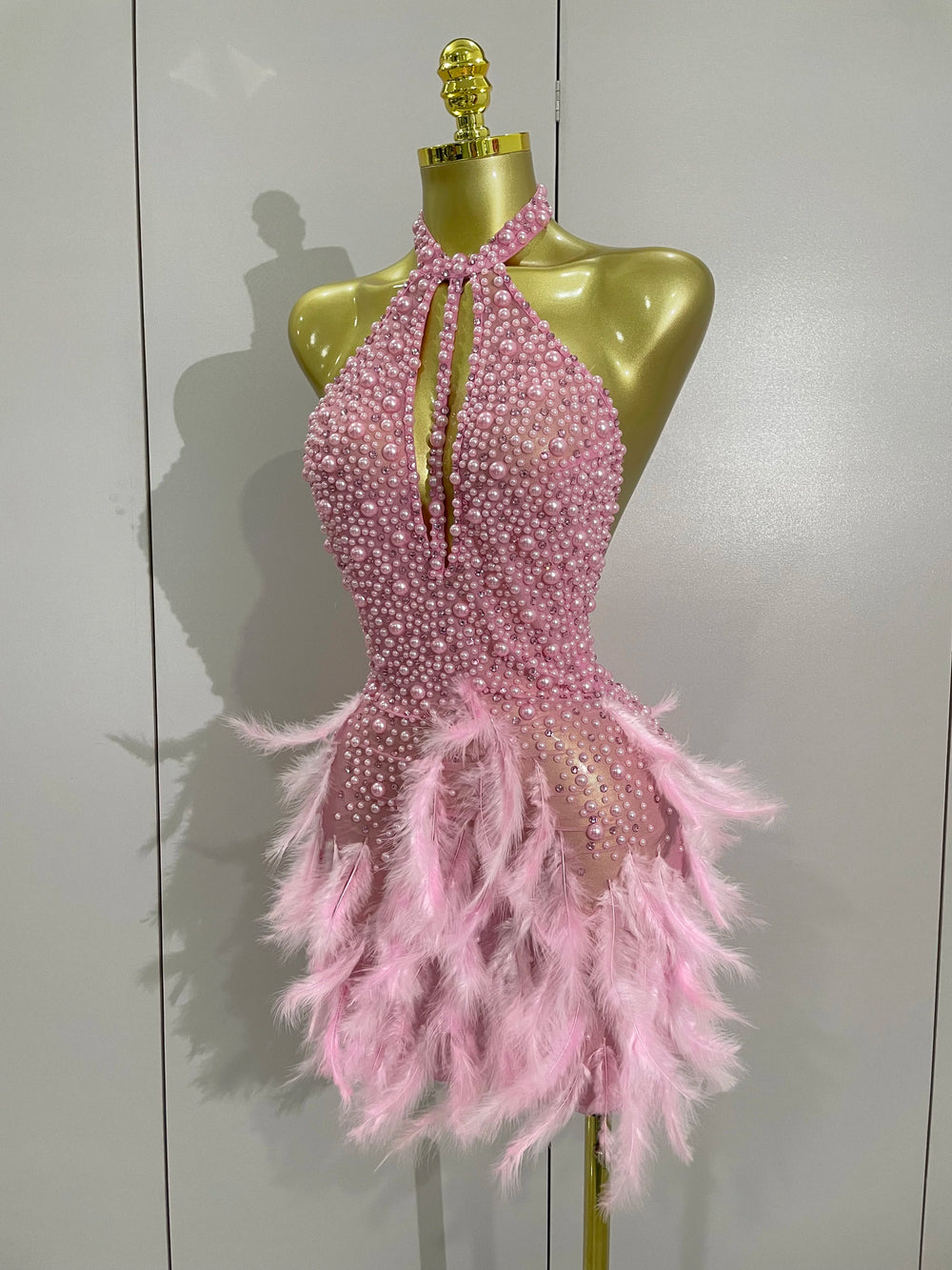 Pink beaded feather halter dress