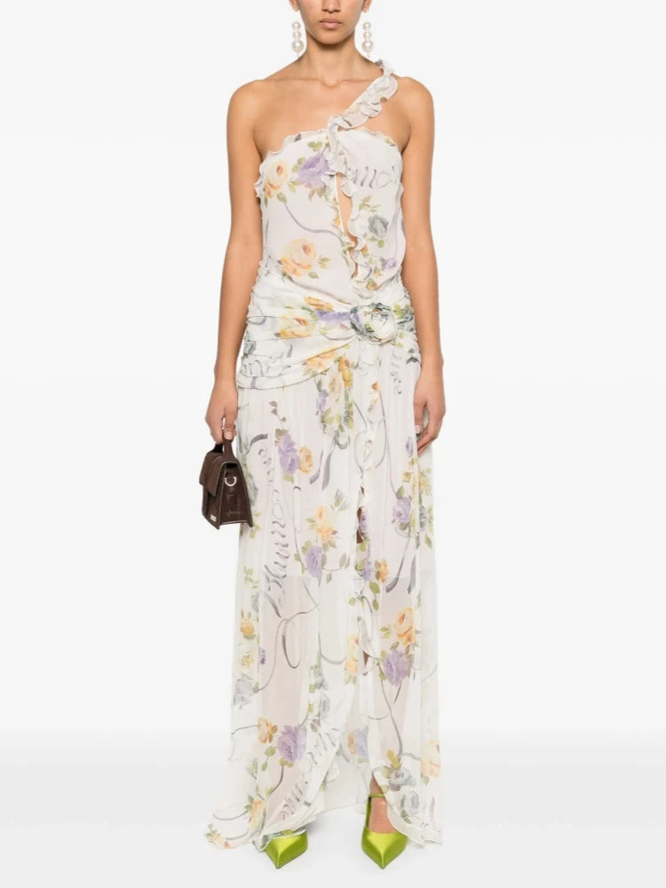 Model wearing a one-shoulder ruffled print asymmetrical neckline sleeveless ankle-length sheath dress