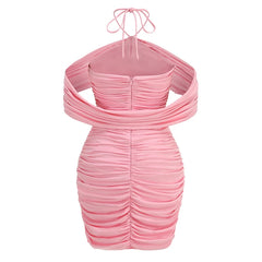 Pink Ruched Flower Accent Mini Dress