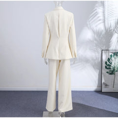 Ruched Waist Gold Buckle Blazer and Wide Leg Pants Set