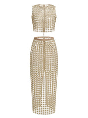 Gold Textured Hollow Out Design Cropped Top and Maxi Skirt Set