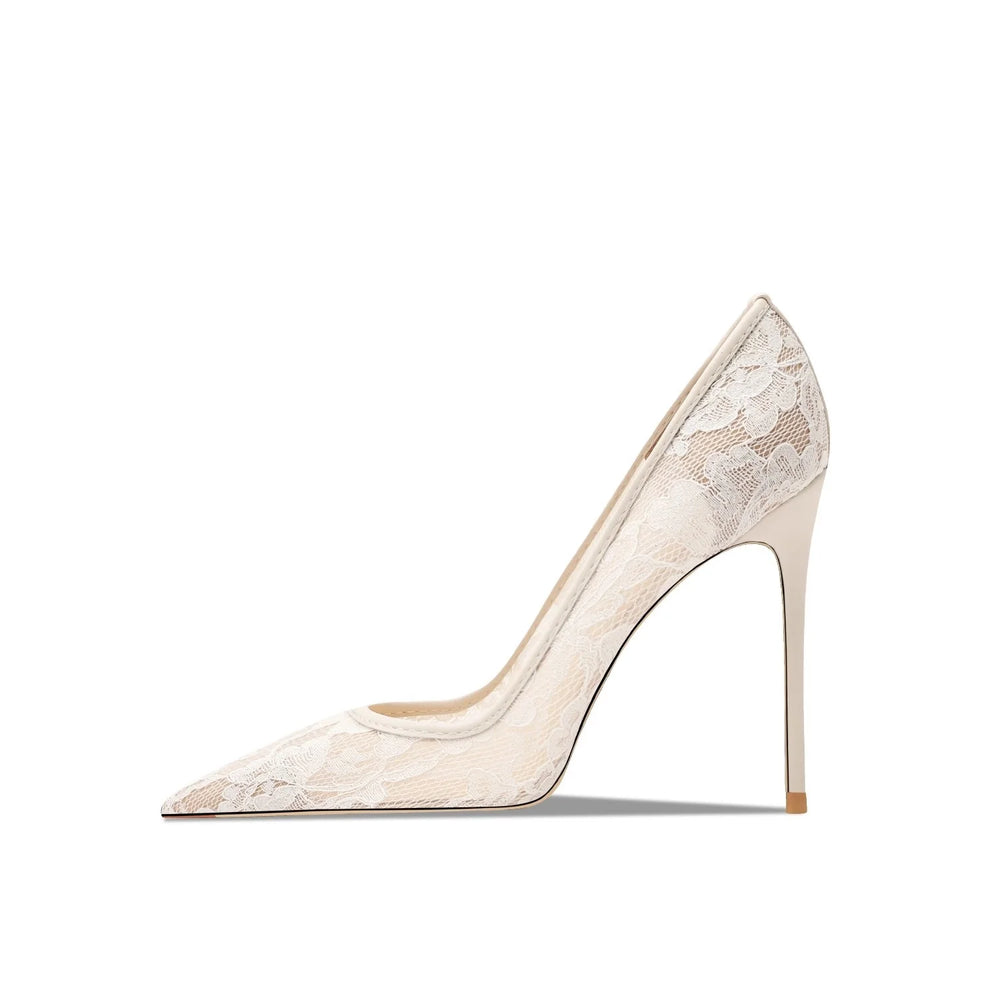 White lace high-heeled shoe on a white background