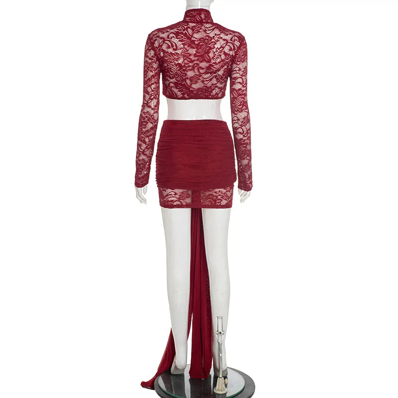 Red lace two-piece outfit on a mannequin against a white background