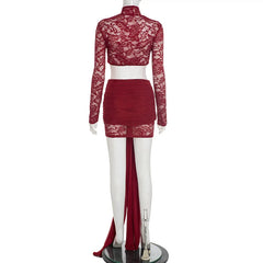 Red lace two-piece outfit on a mannequin against a white background