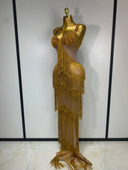 Rhinestone Fringe Bodycon Long Dress