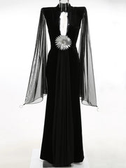 V-Neck Cloak Sleeve Black Velvet Maxi Dress