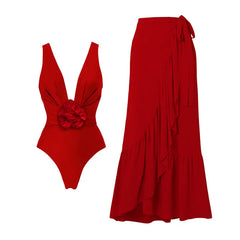 Red one piece swimsuit and wrap skirt