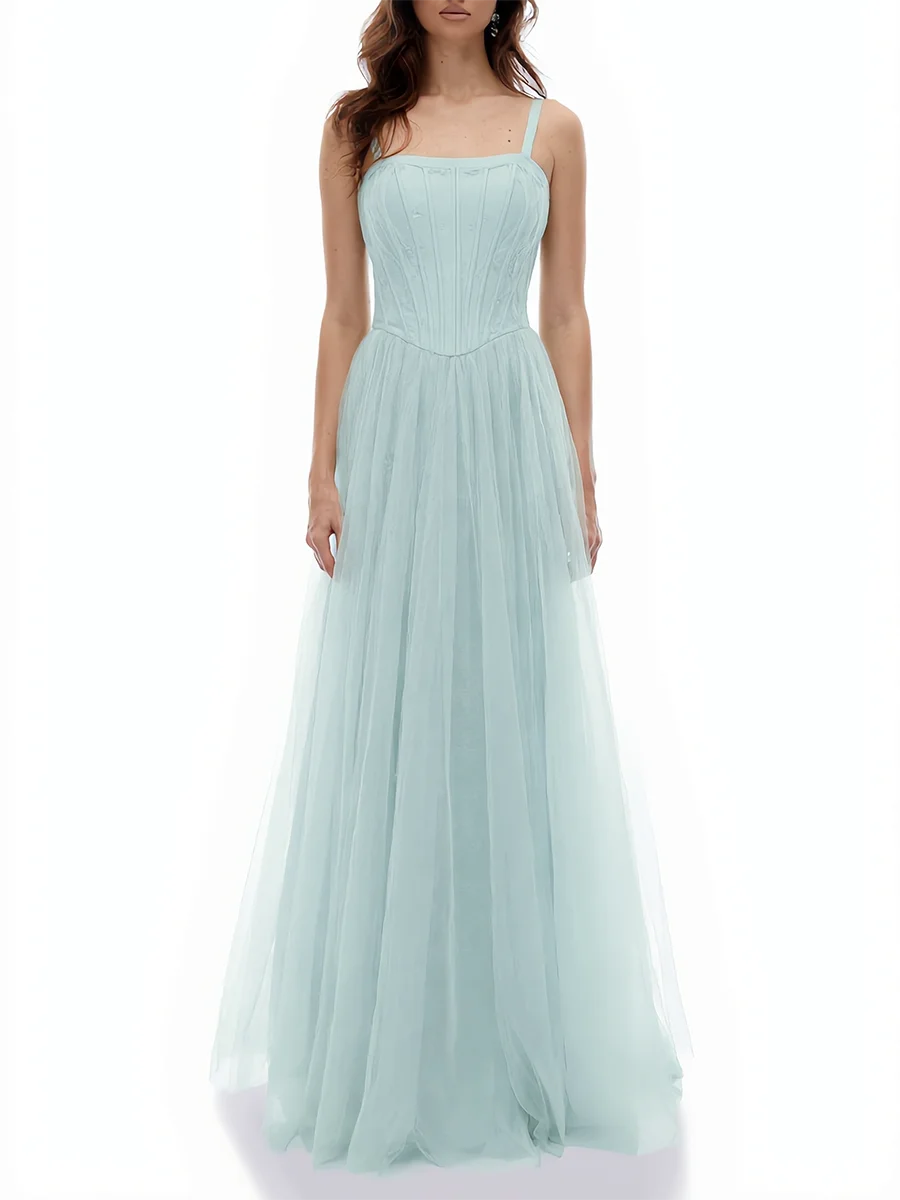 Square neck sleeveless A-line tulle dress