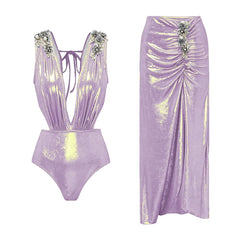 V-Neck Ruched Cut-Out Halter One-Piece Swimsuit and Maxi Skirt Set