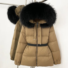 Beige puffer jacket with black fur hood on a white background