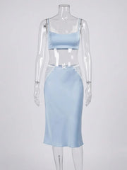Blue Satin Lace Trim Crop Top and Midi Skirt Set