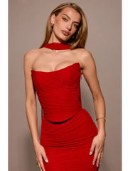 Red Corset Crop Top And Bodycon Maxi Skirt With Scarf Set