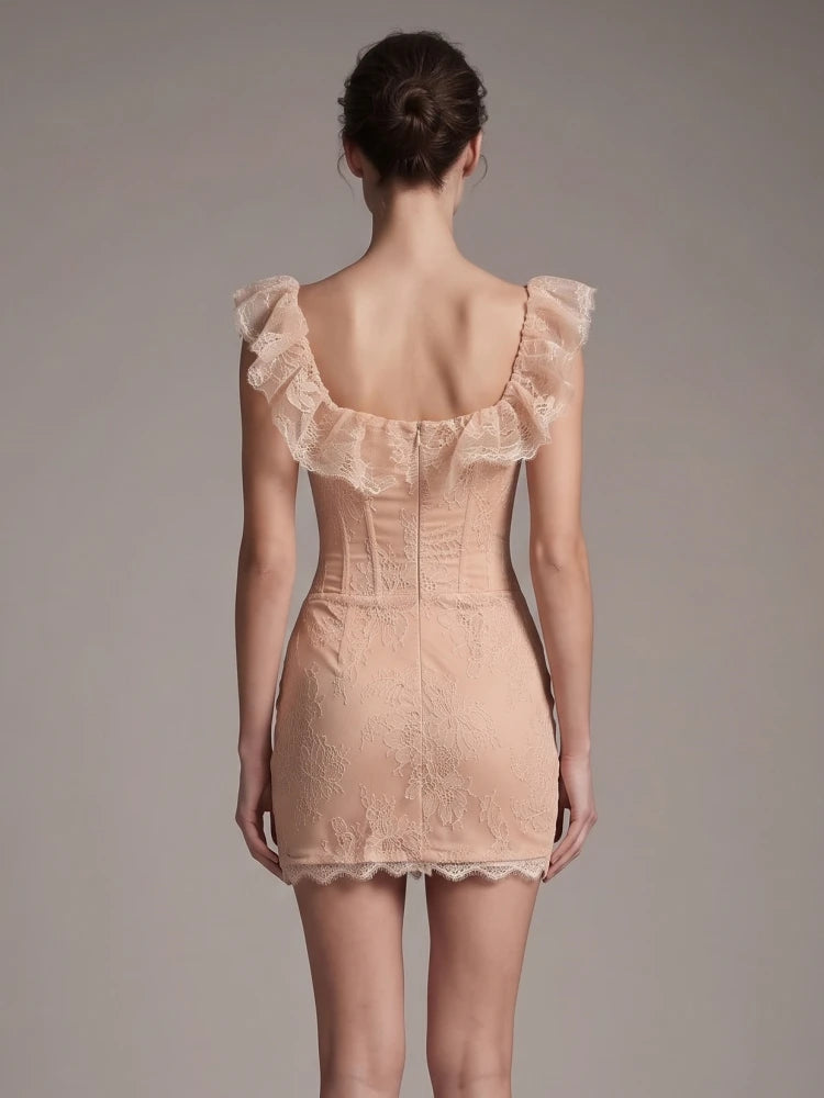 Lace Ruffle Square Neck Mini Dress with straps