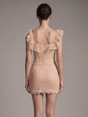 Lace Ruffle Square Neck Mini Dress with straps