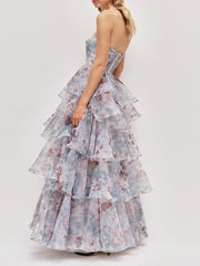 Floral print strapless ruffle maxi dress side view