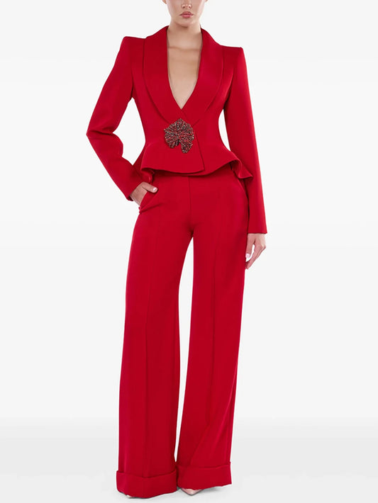 Red blazer and wide leg pant set front view