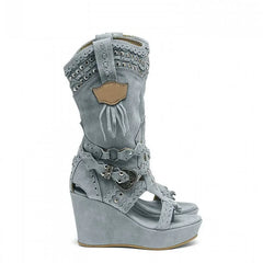 Studded Knee-High Metal Wedge Boots