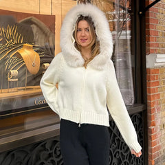 Hooded Faux Fur Trim Knit Jacket